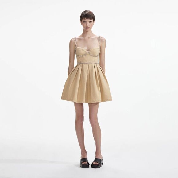 NWT SELF PORTRAIT BEIGE DIAMANTE DENIM MINI DRESS $495 - Picture 1 of 12